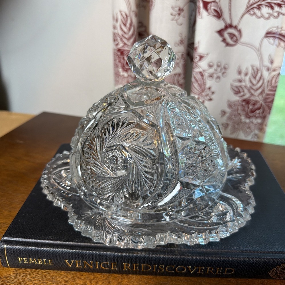 Antique ABP American Brilliant Cut Glass Covered Butter Dish Cheese Dome